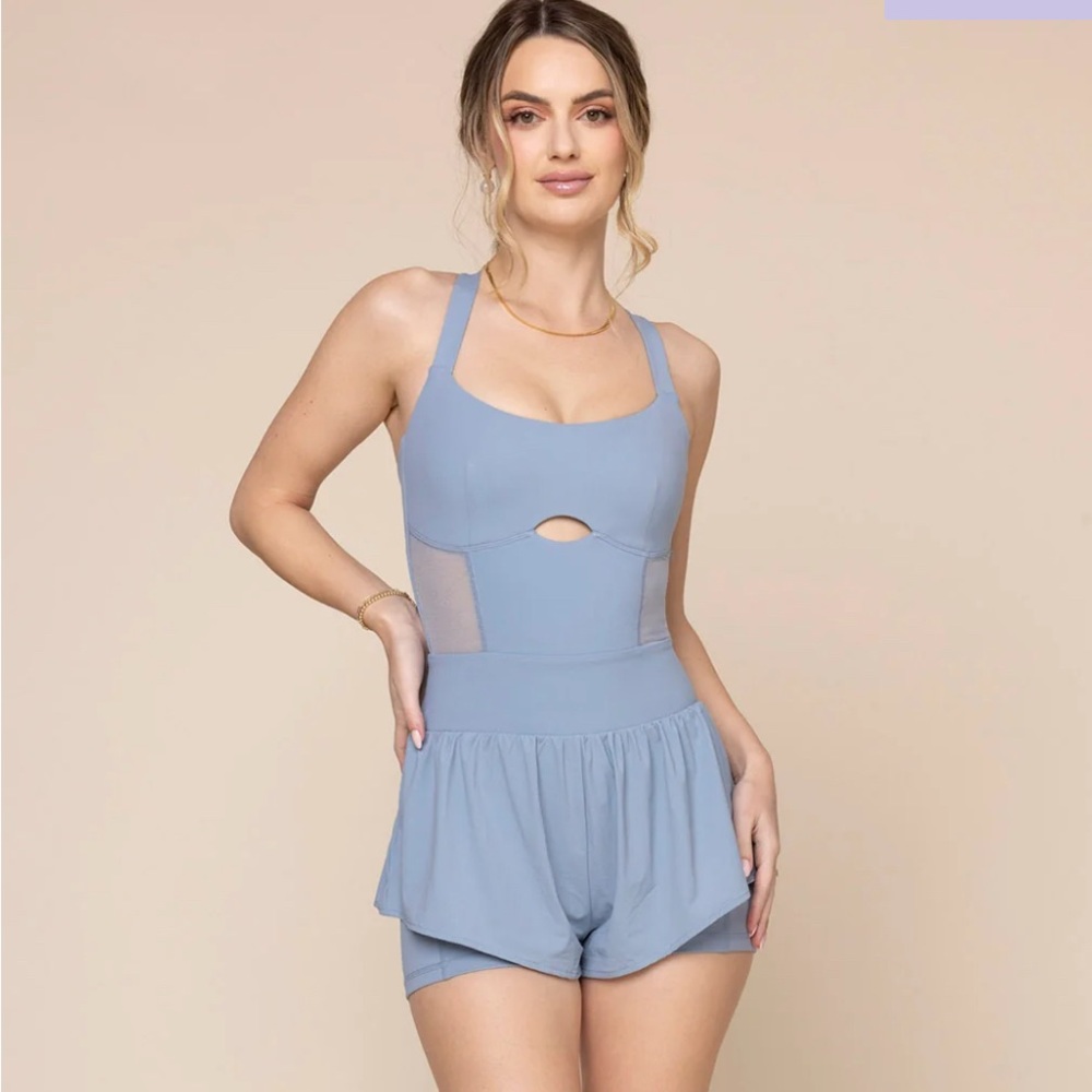 Popflex Blogilates Runsie Running Romper with Pockets and mesh in Blue Storm, M